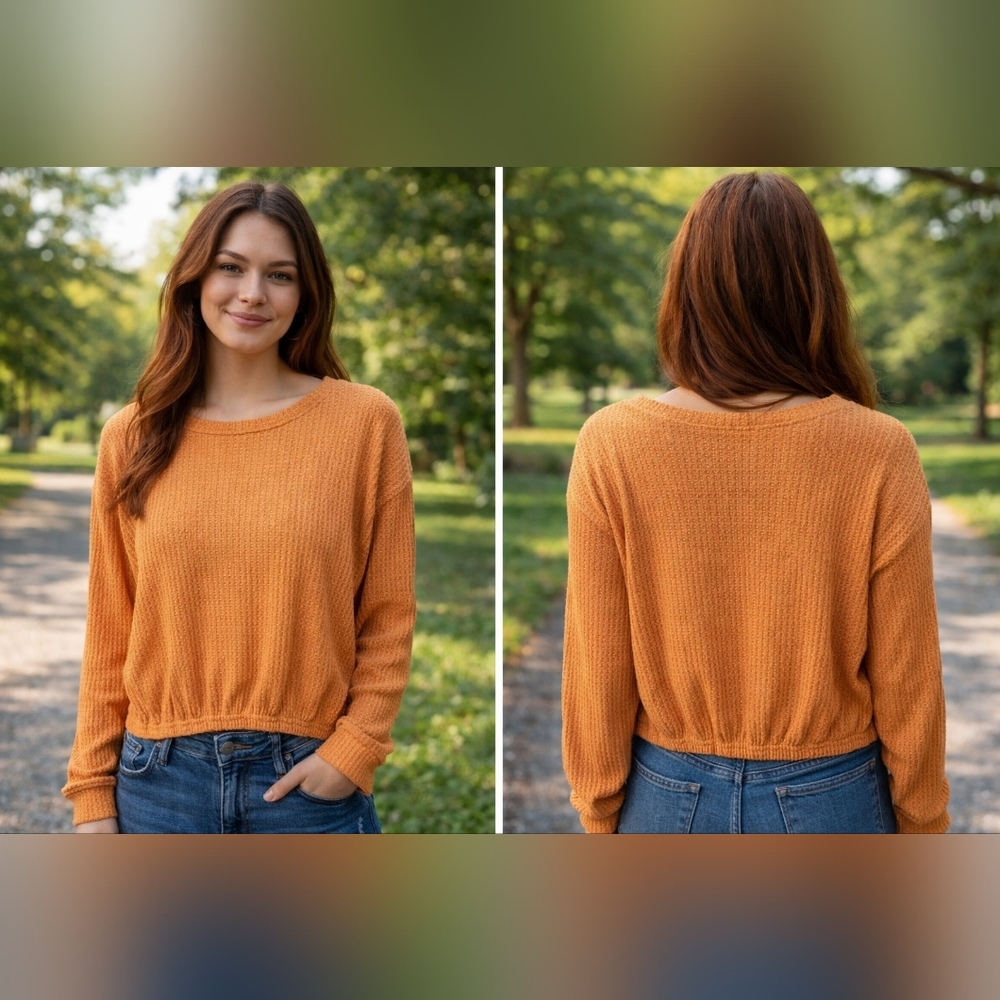 Cozy‎ Waffle-Knit Long Sleeve Sweater - Orange